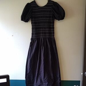Ganni Maxi Black Cotton Smocked Puff Sleeve Dress Size 36 or US Size 4
